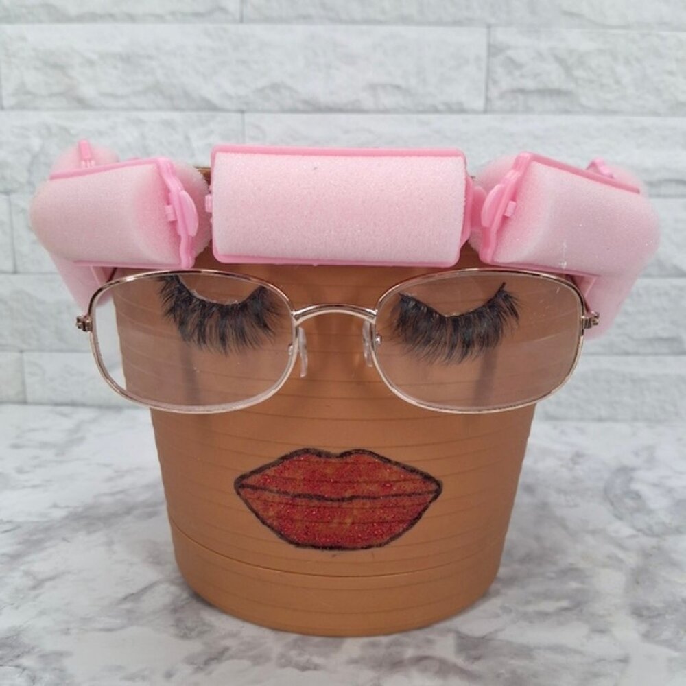 HAND CRAFTED Pot Head Planter Pink Curlers Upcycled Face Grandma Lady Funny